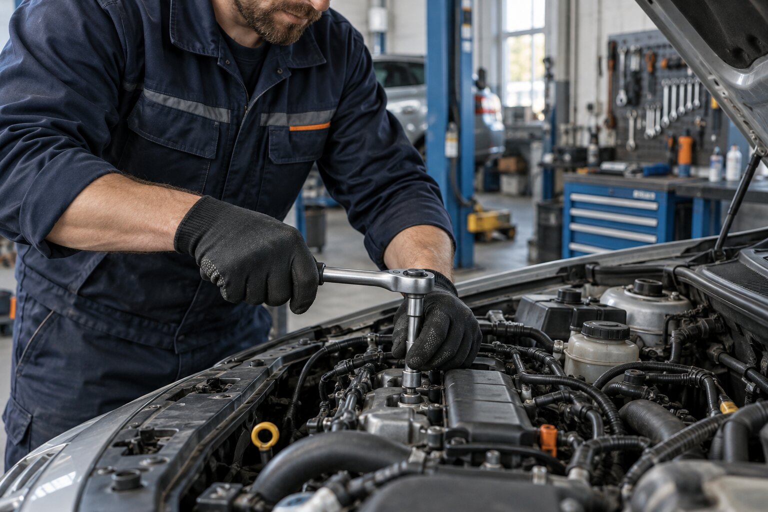 Praca mechanika przy otwartej komorze silnika